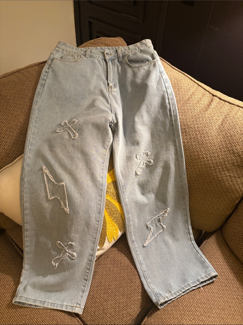 Aelfric Eden Light Blue Straight-Leg Jeans with Distressed Patch Details